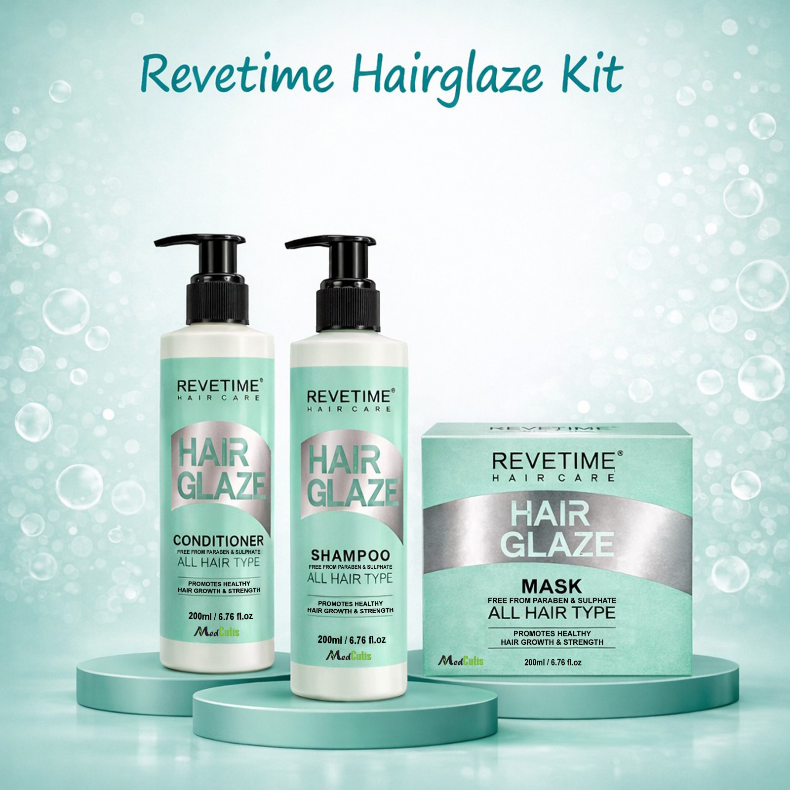 Revetime Hairglaze | Sulphate Free Hair Care Kit | Shampoo | Mask | Conditioner | 600ml